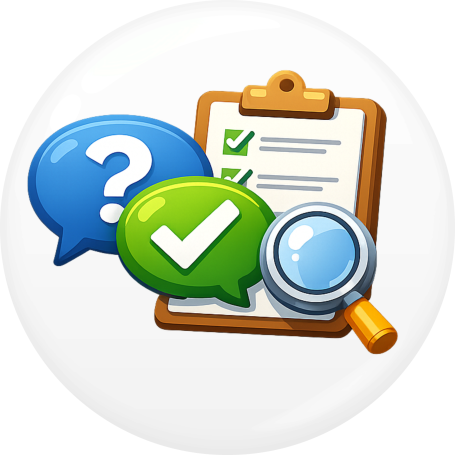 Grauer Button mit den Worten "FAQ" und "Fragen & Mehr" in großen Buchstaben.