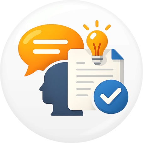 Symbol mit einer Glühbirne über einem Kopf und dem Text "Leicht verständlich".